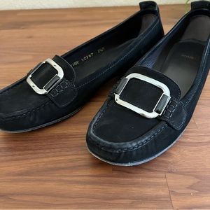 Stuart Weitzman Black Suede Silver Buckle Loafer Flats size 9.5